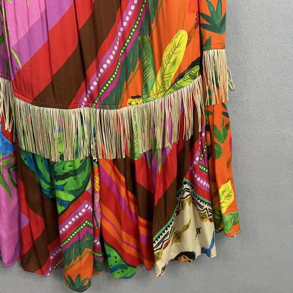 Farm Rio Dress Womens Large Bright Palila Fringed Midi Tropical Boho Beaded Loud - Picture 5 of 16